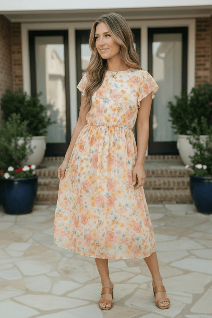 Watercolor Floral Flutter Sleeve Chiffon Midi Dress - Nikki &amp; Co. Boutique