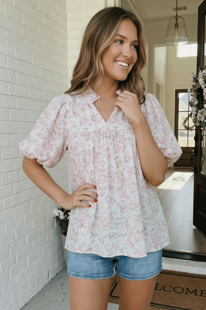 State Fair Summer Pink Floral Ruffle Neck Puff Sleeve Babydoll Blouse - Nikki &amp; Co. Boutique