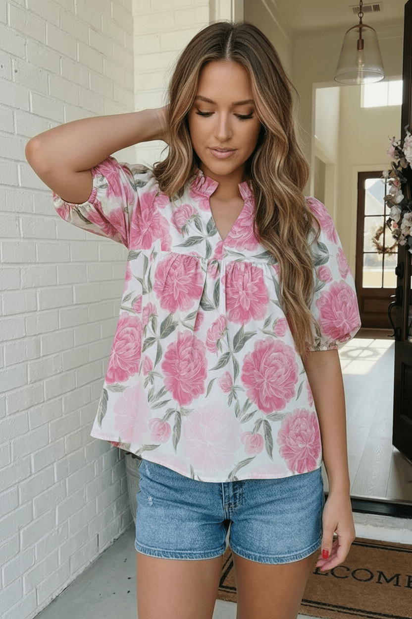 Painted Peony Puff Sleeve Blouse - Nikki &amp; Co. Boutique