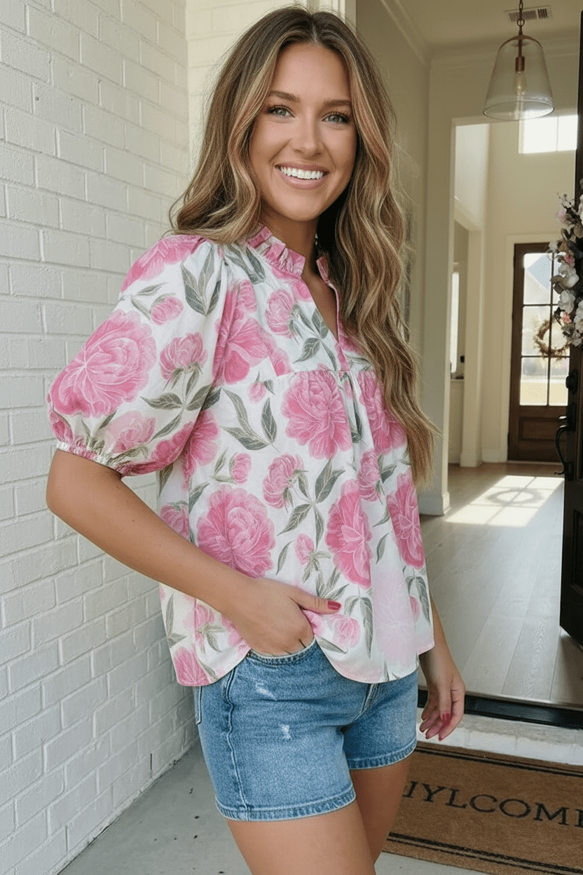 Painted Peony Puff Sleeve Blouse - Nikki &amp; Co. Boutique