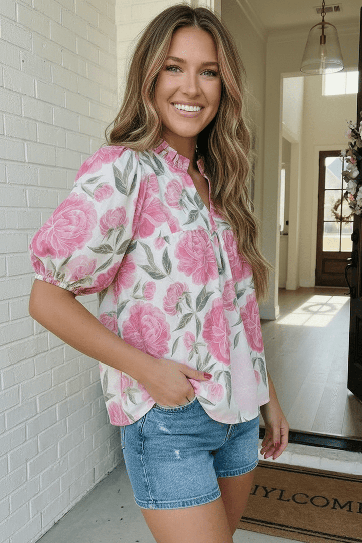 Painted Peony Puff Sleeve Blouse - Nikki &amp; Co. Boutique