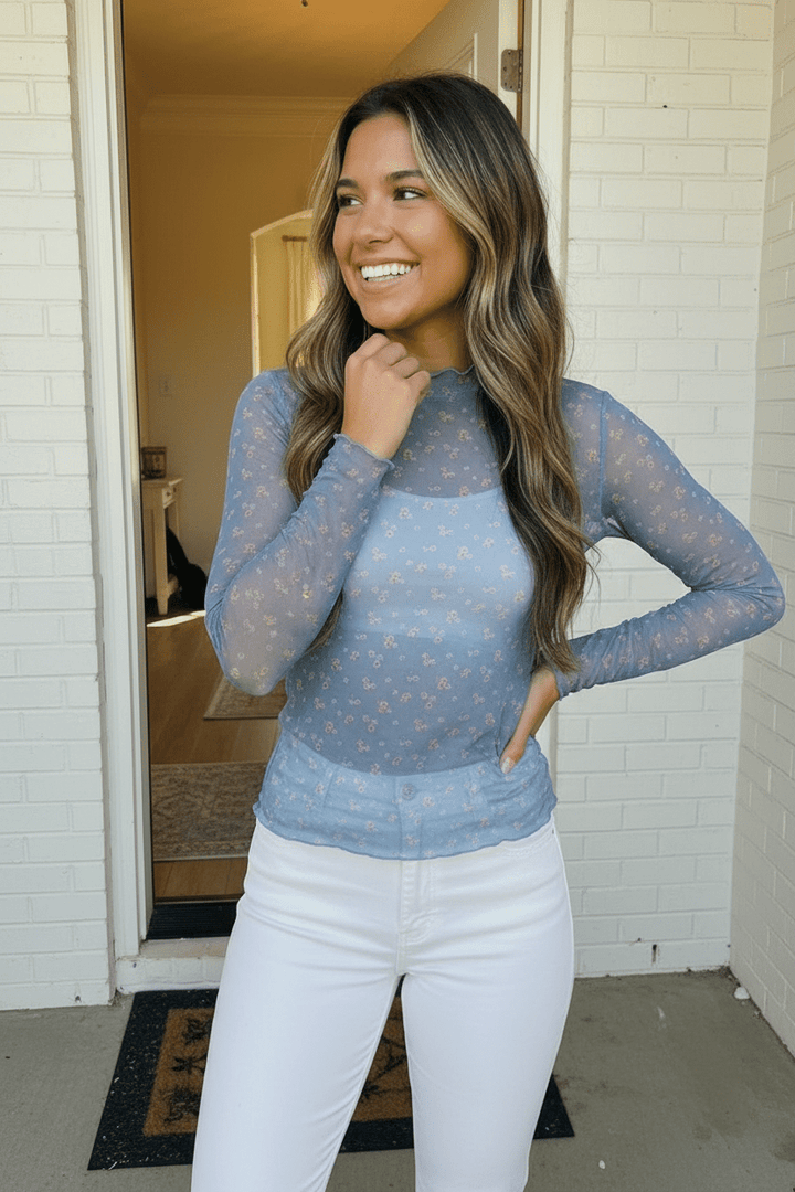 Oh My Darling Ditsy Floral Sheer Mesh Long Sleeve Top - Nikki &amp; Co. Boutique