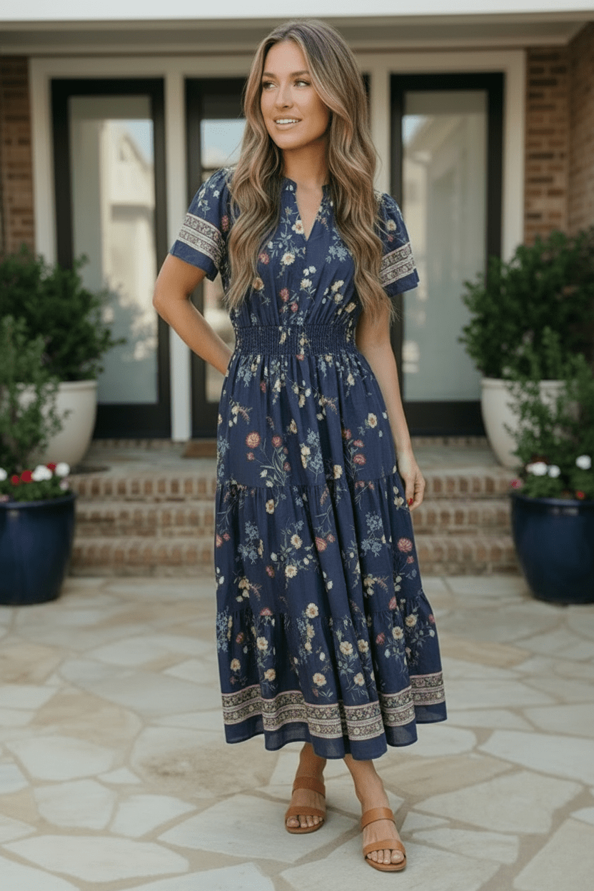At the Summer Cottage Navy Floral Tiered Midi Dress with Smocked Waist - Nikki &amp; Co. Boutique