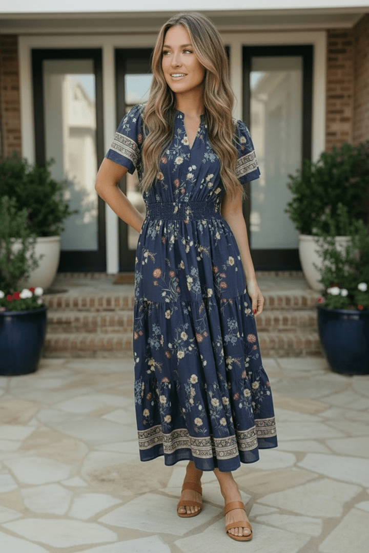 At the Summer Cottage Navy Floral Tiered Midi Dress with Smocked Waist - Nikki &amp; Co. Boutique