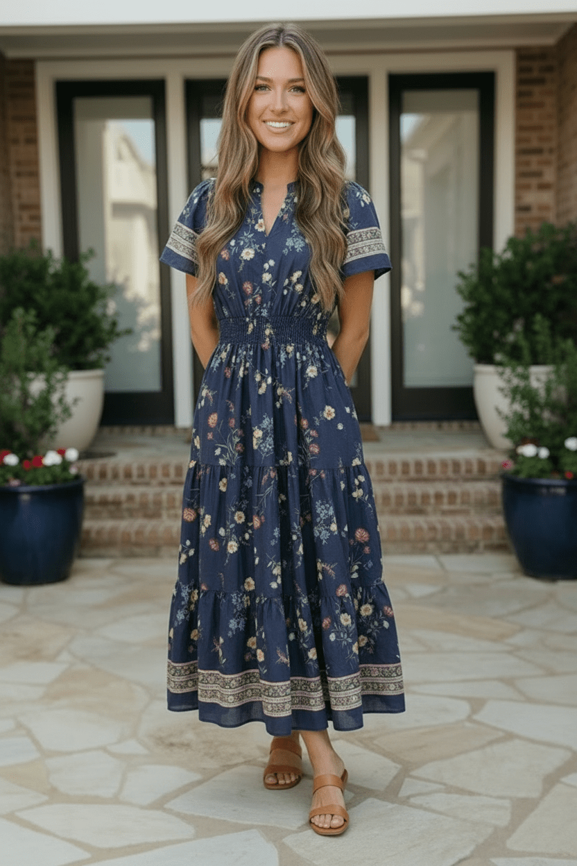 At the Summer Cottage Navy Floral Tiered Midi Dress with Smocked Waist - Nikki &amp; Co. Boutique