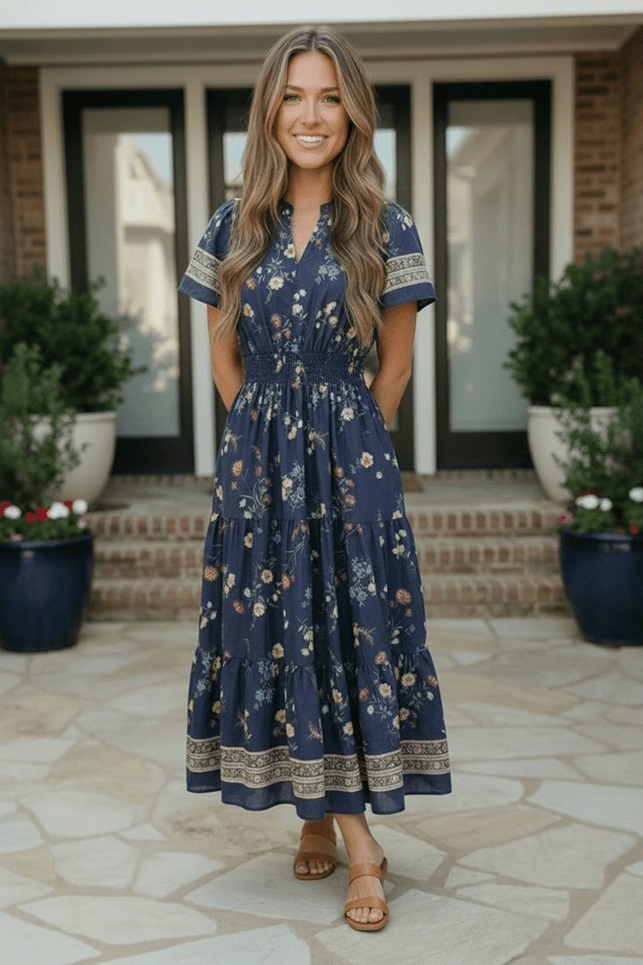 At the Summer Cottage Navy Floral Tiered Midi Dress with Smocked Waist - Nikki &amp; Co. Boutique