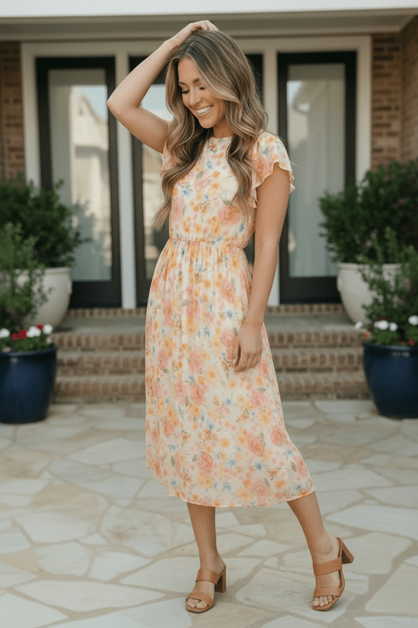 Watercolor Floral Flutter Sleeve Chiffon Midi Dress - Nikki &amp; Co. Boutique