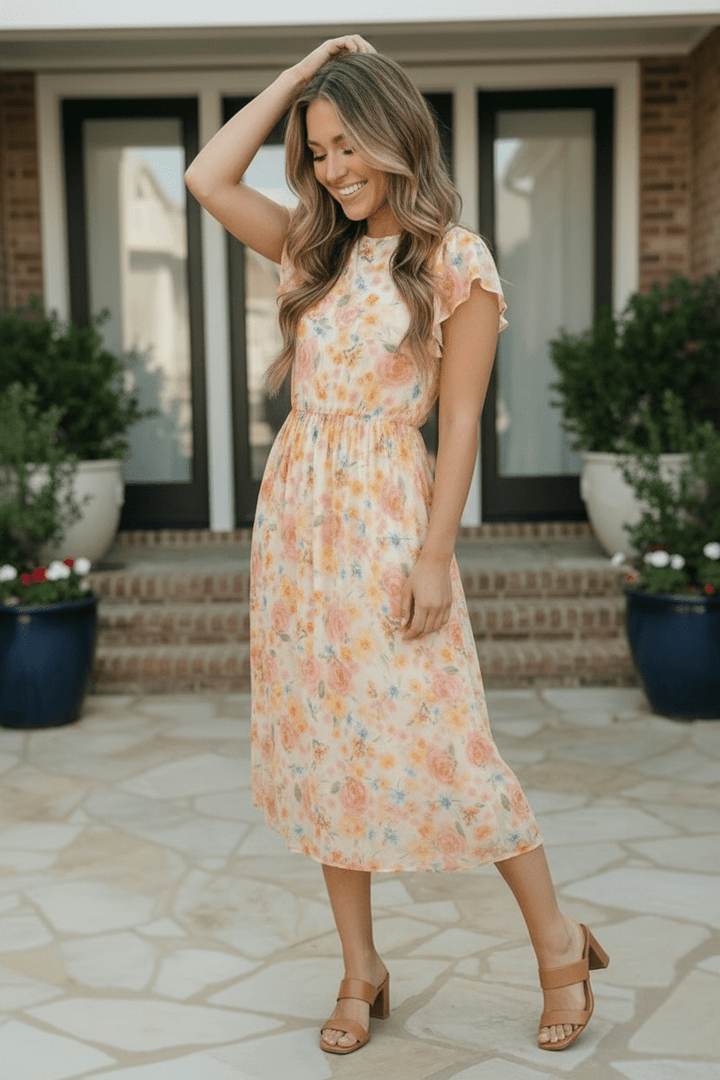 Watercolor Floral Flutter Sleeve Chiffon Midi Dress - Nikki &amp; Co. Boutique