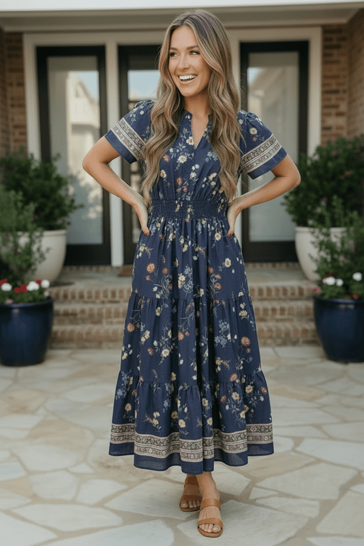 At the Summer Cottage Navy Floral Tiered Midi Dress with Smocked Waist - Nikki &amp; Co. Boutique