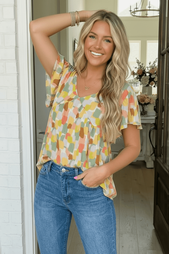 Painted Canvas Abstract Brushstroke Print Flutter Sleeve Babydoll Top - Nikki &amp; Co. Boutique