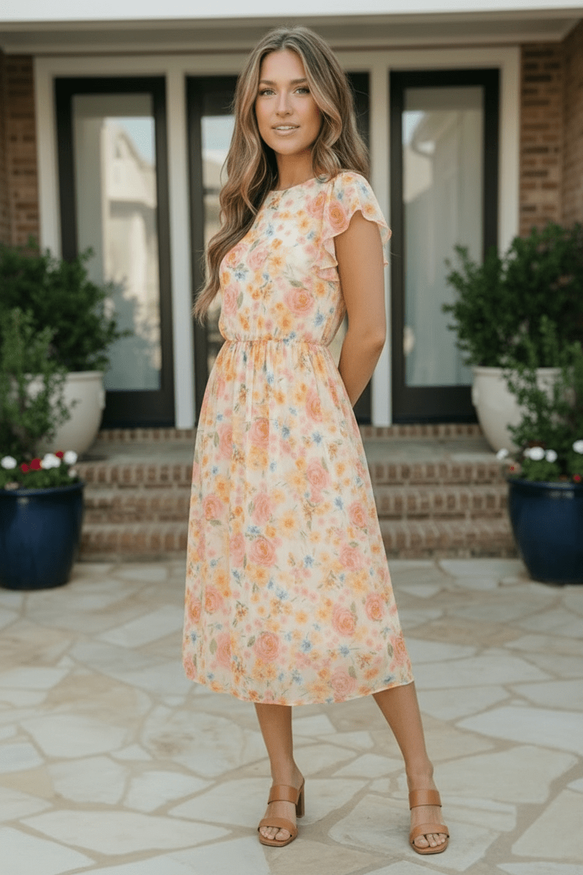 Watercolor Floral Flutter Sleeve Chiffon Midi Dress - Nikki &amp; Co. Boutique