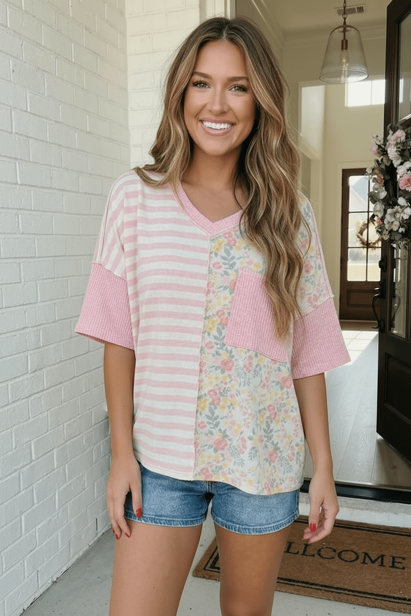 Pretty Darn Cute Mixed Print Floral &amp; Stripe V - Neck Top - Nikki &amp; Co. Boutique