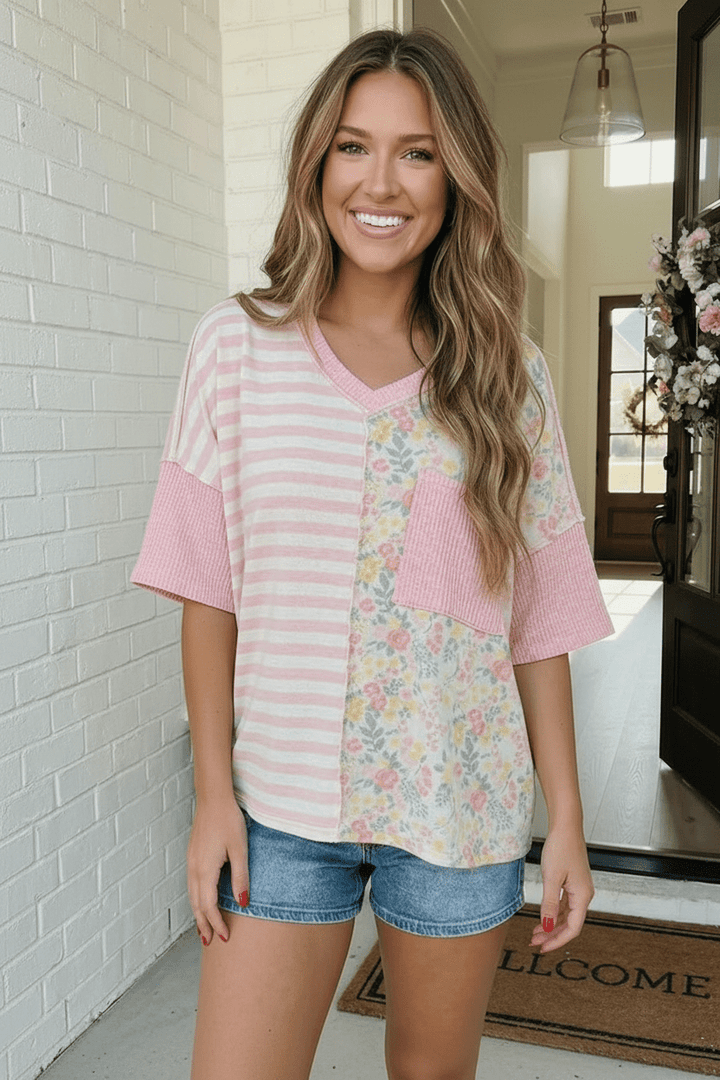 Pretty Darn Cute Mixed Print Floral &amp; Stripe V - Neck Top - Nikki &amp; Co. Boutique