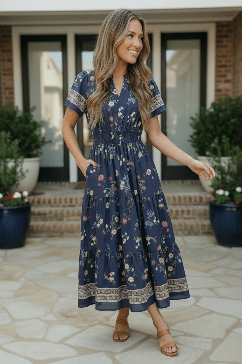 At the Summer Cottage Navy Floral Tiered Midi Dress with Smocked Waist - Nikki &amp; Co. Boutique