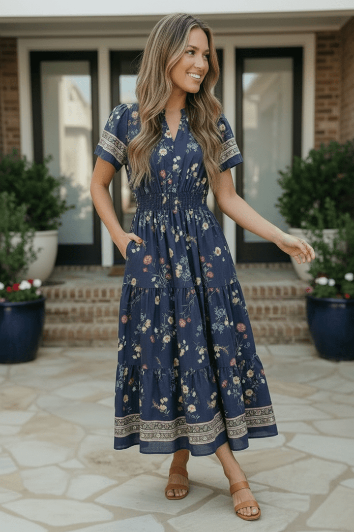 At the Summer Cottage Navy Floral Tiered Midi Dress with Smocked Waist - Nikki &amp; Co. Boutique