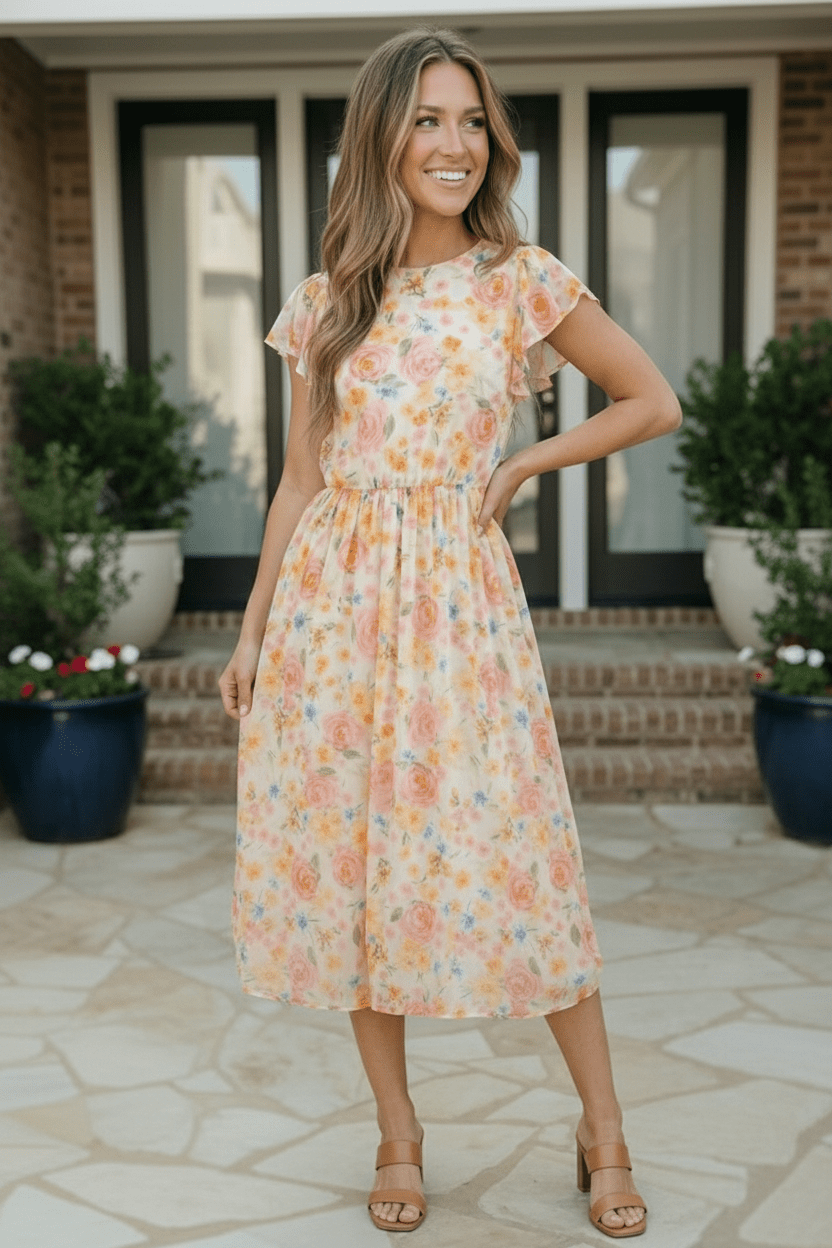 Watercolor Floral Flutter Sleeve Chiffon Midi Dress - Nikki &amp; Co. Boutique