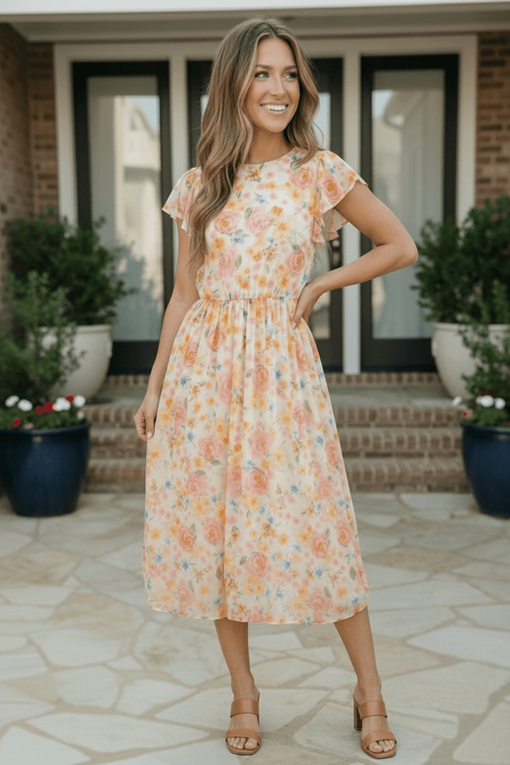Watercolor Floral Flutter Sleeve Chiffon Midi Dress - Nikki &amp; Co. Boutique