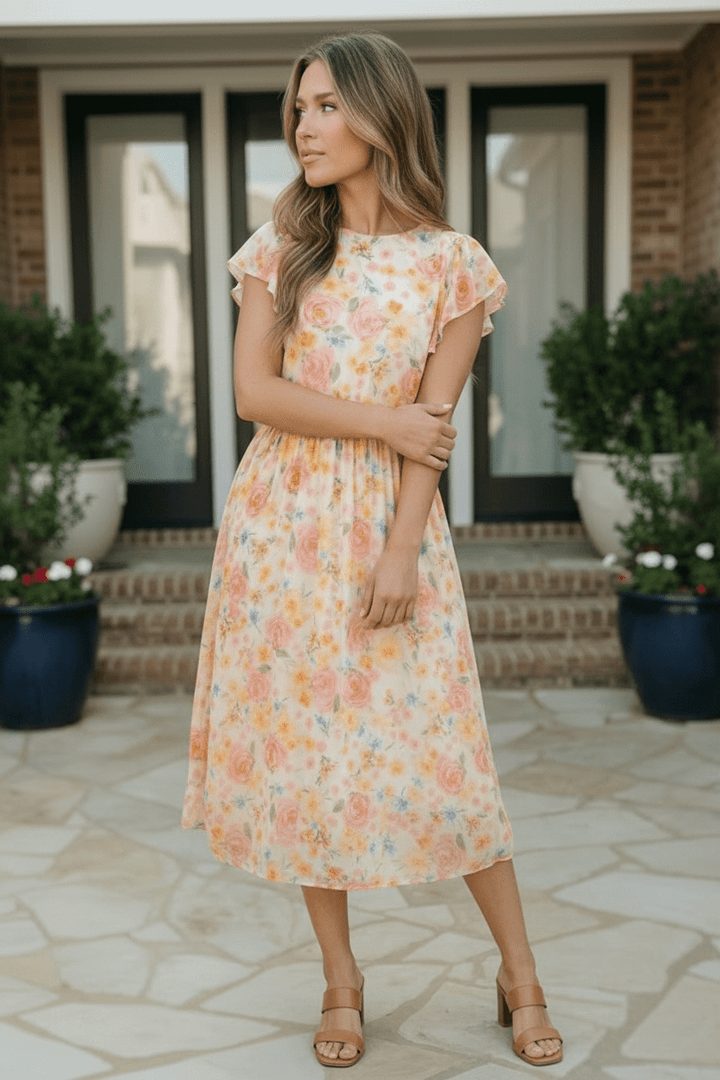 Watercolor Floral Flutter Sleeve Chiffon Midi Dress - Nikki &amp; Co. Boutique