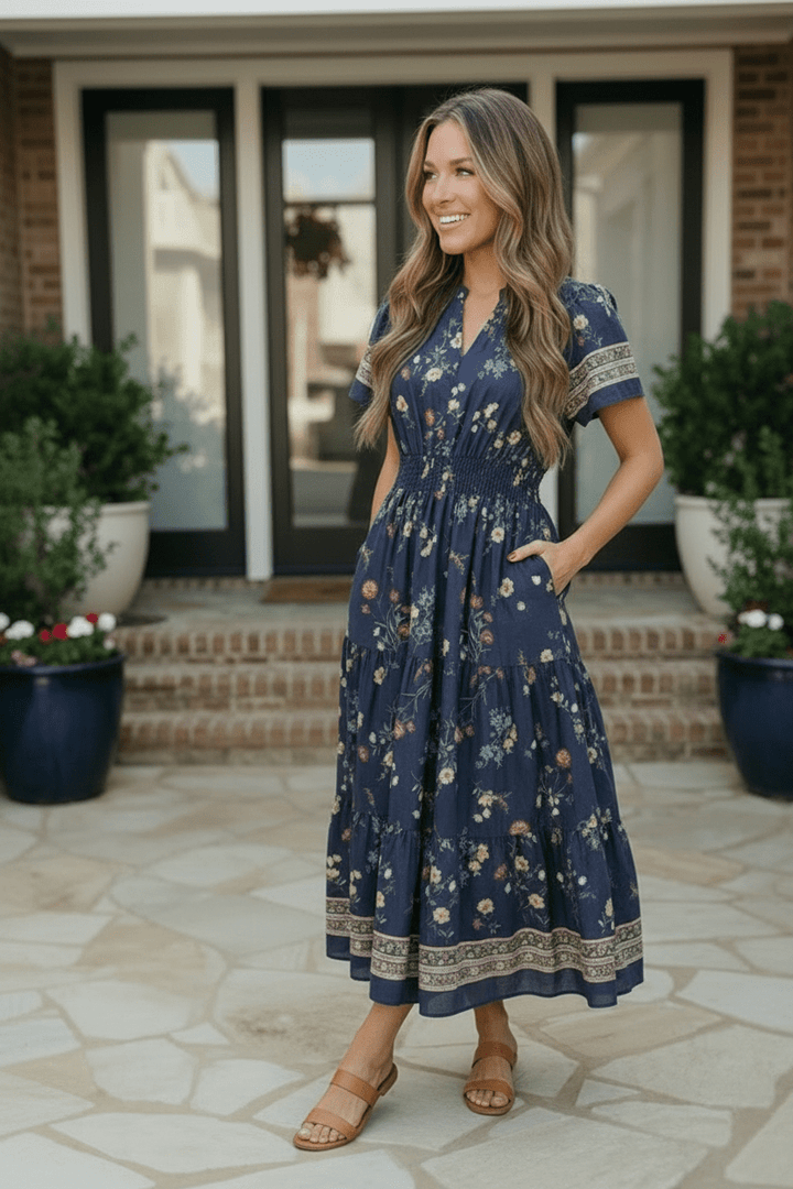 At the Summer Cottage Navy Floral Tiered Midi Dress with Smocked Waist - Nikki &amp; Co. Boutique