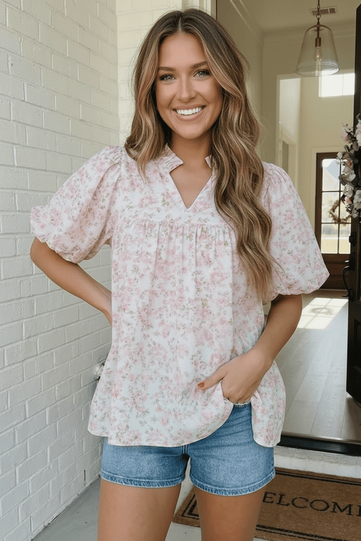 State Fair Summer Pink Floral Ruffle Neck Puff Sleeve Babydoll Blouse - Nikki &amp; Co. Boutique