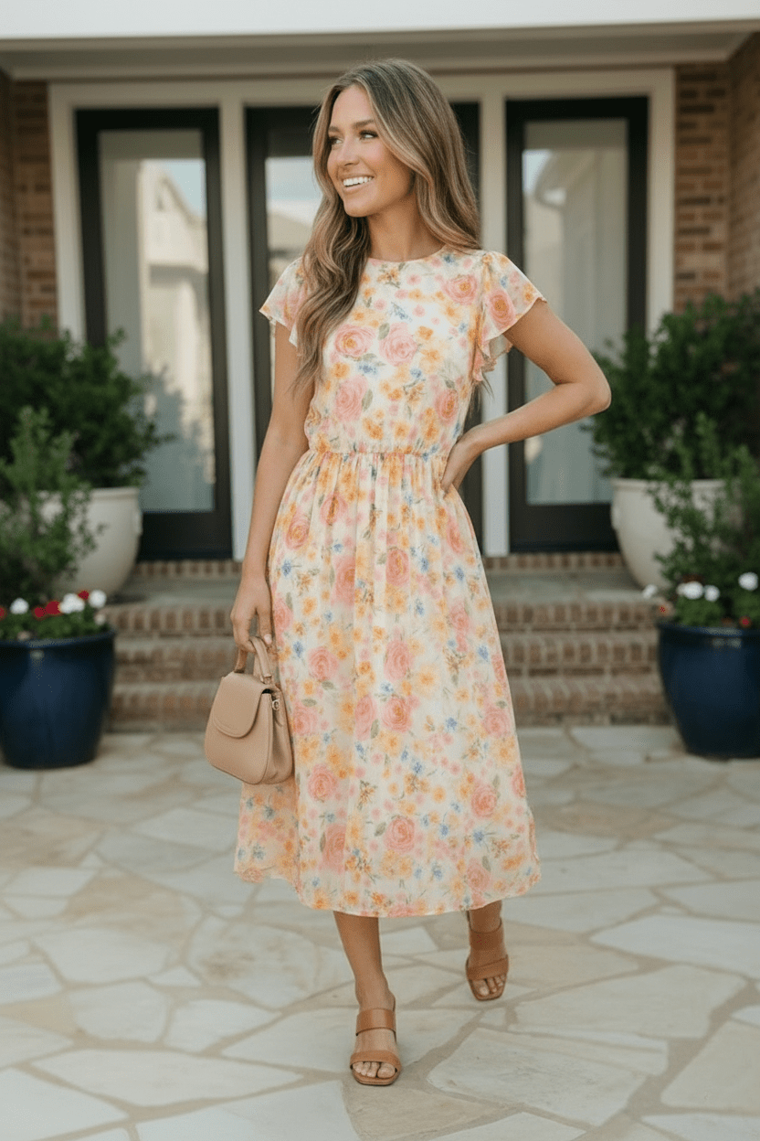 Watercolor Floral Flutter Sleeve Chiffon Midi Dress - Nikki &amp; Co. Boutique