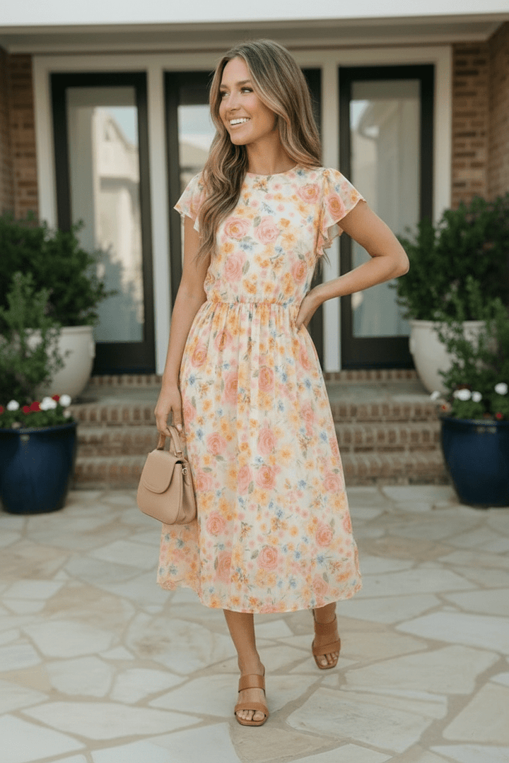 Watercolor Floral Flutter Sleeve Chiffon Midi Dress - Nikki &amp; Co. Boutique