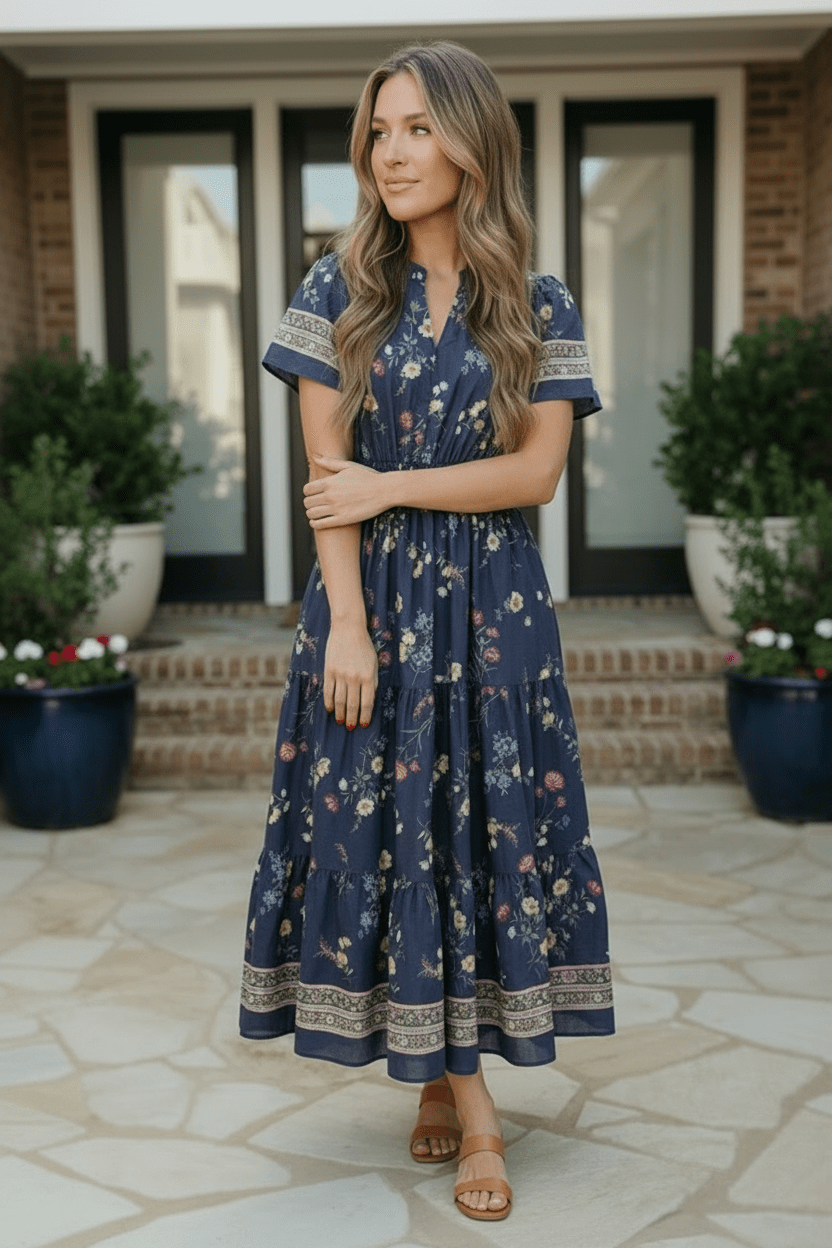 At the Summer Cottage Navy Floral Tiered Midi Dress with Smocked Waist - Nikki &amp; Co. Boutique