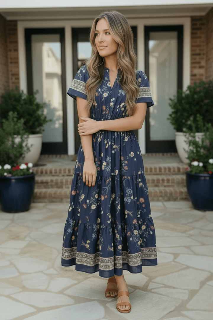 At the Summer Cottage Navy Floral Tiered Midi Dress with Smocked Waist - Nikki &amp; Co. Boutique