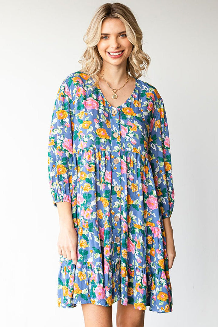 Boho Vibes Cotton Floral Button Down 3/4 Sleeve Tiered Dress - Nikki &amp; Co. Boutique