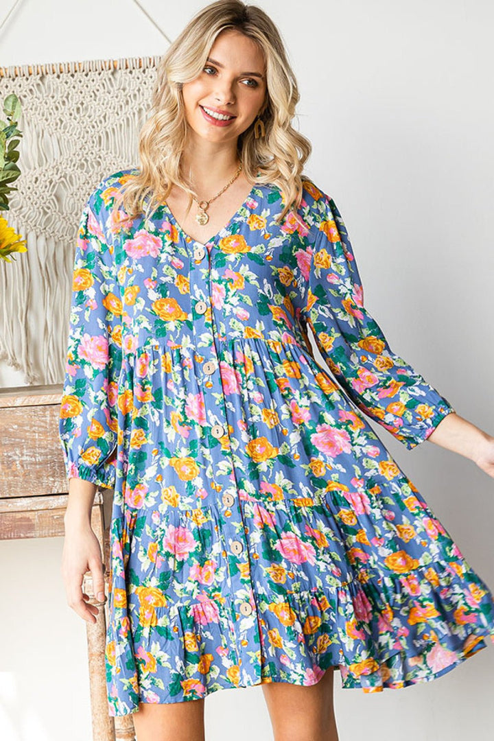 Boho Vibes Cotton Floral Button Down 3/4 Sleeve Tiered Dress - Nikki &amp; Co. Boutique