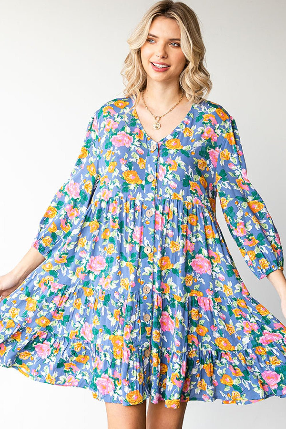 Boho Vibes Cotton Floral Button Down 3/4 Sleeve Tiered Dress - Nikki &amp; Co. Boutique