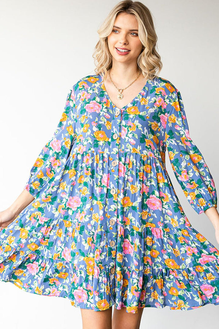 Boho Vibes Cotton Floral Button Down 3/4 Sleeve Tiered Dress - Nikki &amp; Co. Boutique