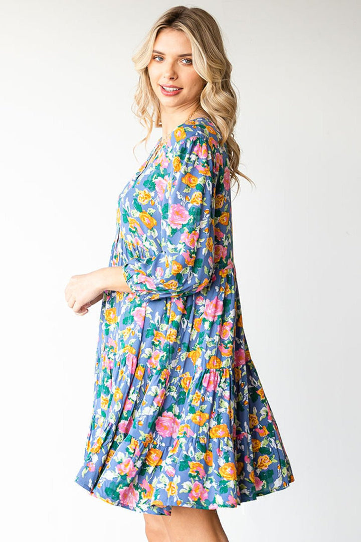 Boho Vibes Cotton Floral Button Down 3/4 Sleeve Tiered Dress - Nikki &amp; Co. Boutique