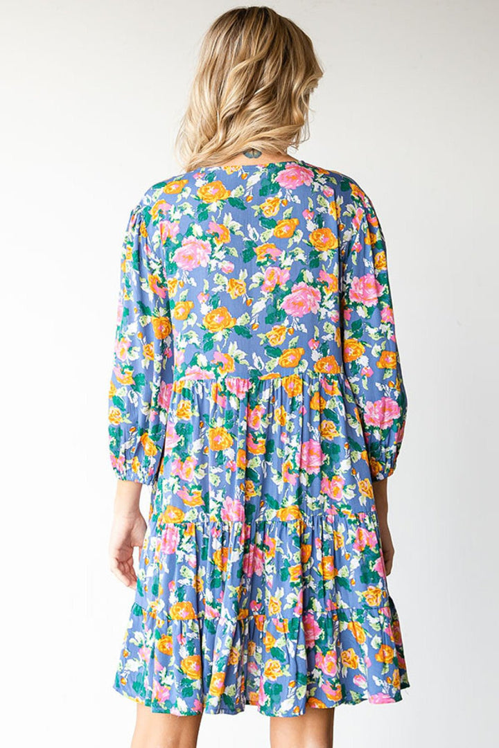 Boho Vibes Cotton Floral Button Down 3/4 Sleeve Tiered Dress - Nikki &amp; Co. Boutique