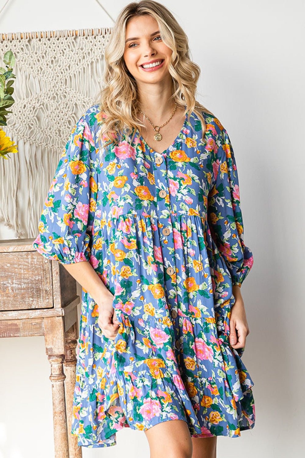 Boho Vibes Cotton Floral Button Down 3/4 Sleeve Tiered Dress - Nikki &amp; Co. Boutique