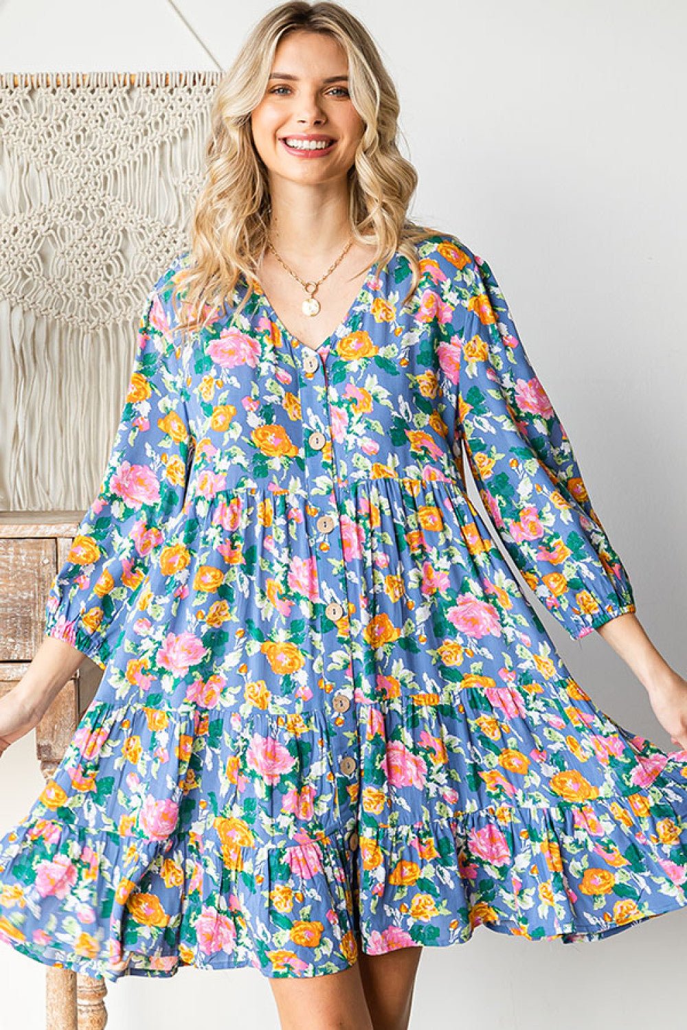 Boho Vibes Cotton Floral Button Down 3/4 Sleeve Tiered Dress - Nikki &amp; Co. Boutique