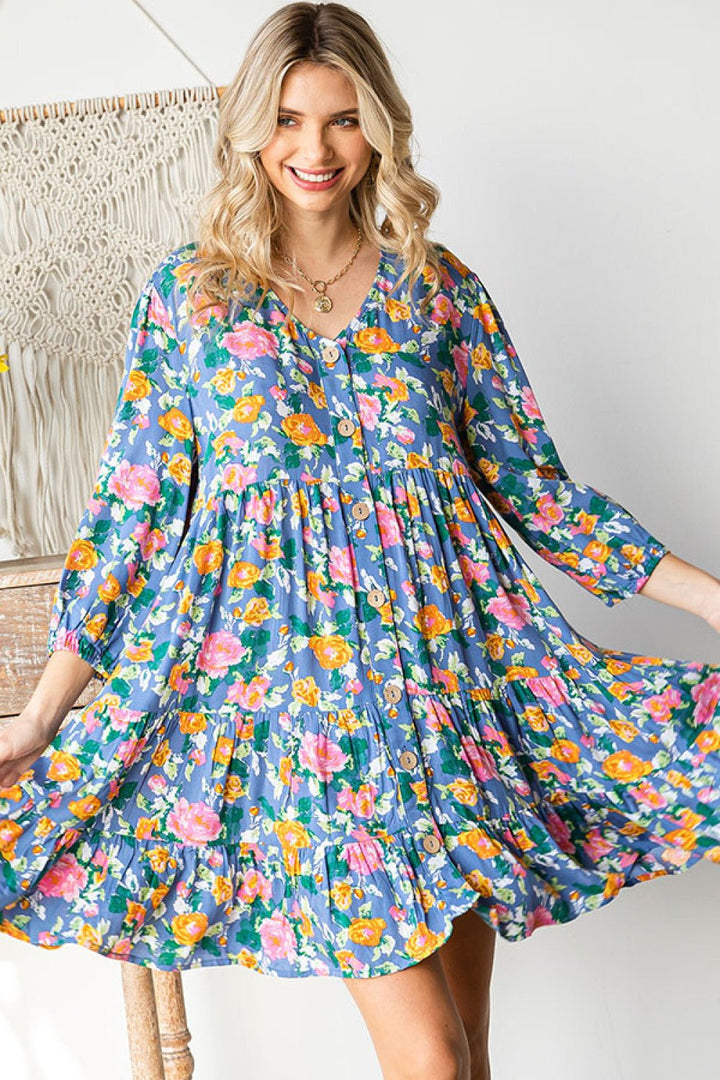 Boho Vibes Cotton Floral Button Down 3/4 Sleeve Tiered Dress - Nikki &amp; Co. Boutique