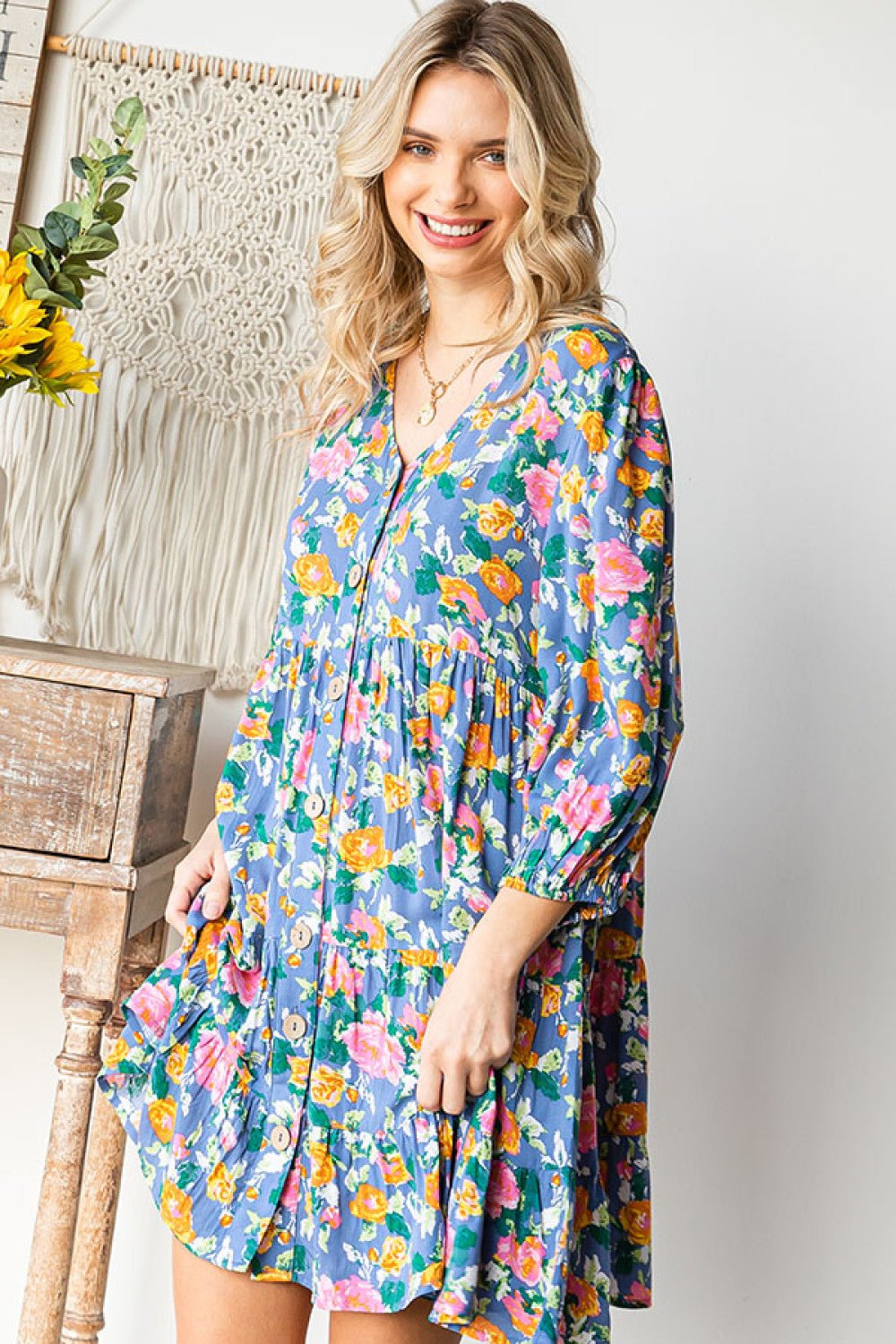 Boho Vibes Cotton Floral Button Down 3/4 Sleeve Tiered Dress - Nikki &amp; Co. Boutique