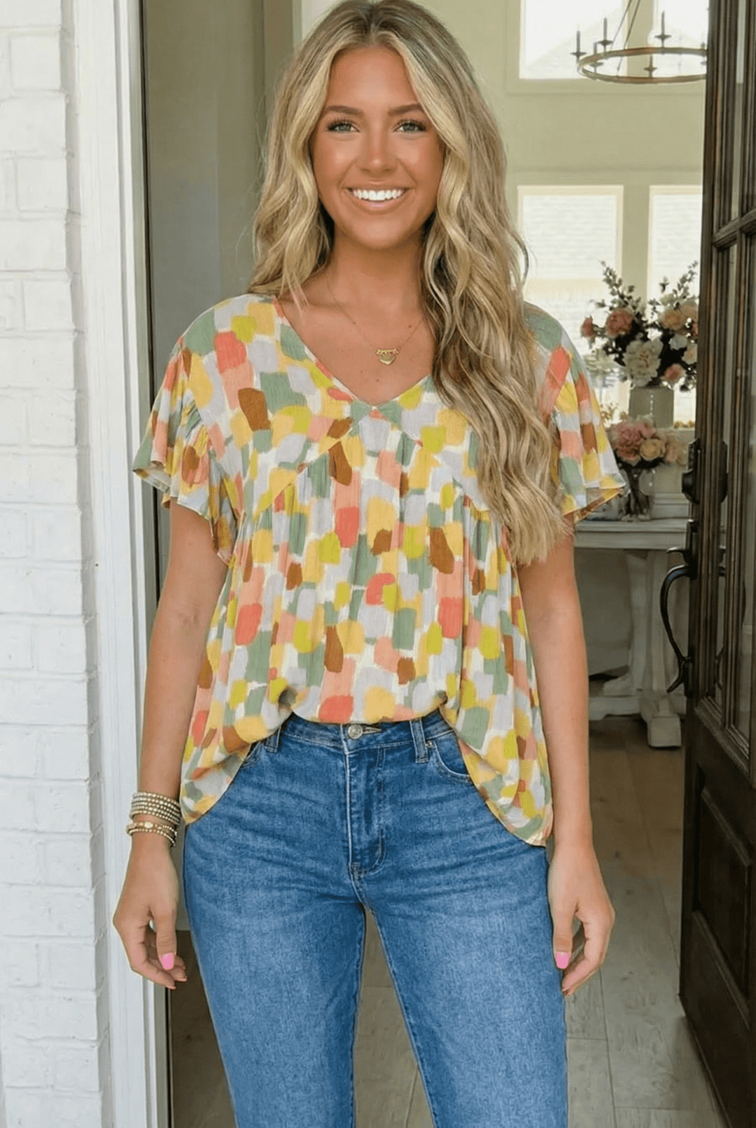 Painted Canvas Abstract Brushstroke Print Flutter Sleeve Babydoll Top - Nikki &amp; Co. Boutique