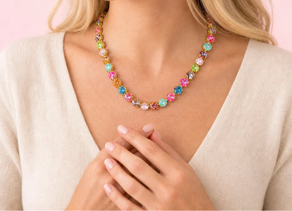 Woman wearing multicolored gemstones necklace