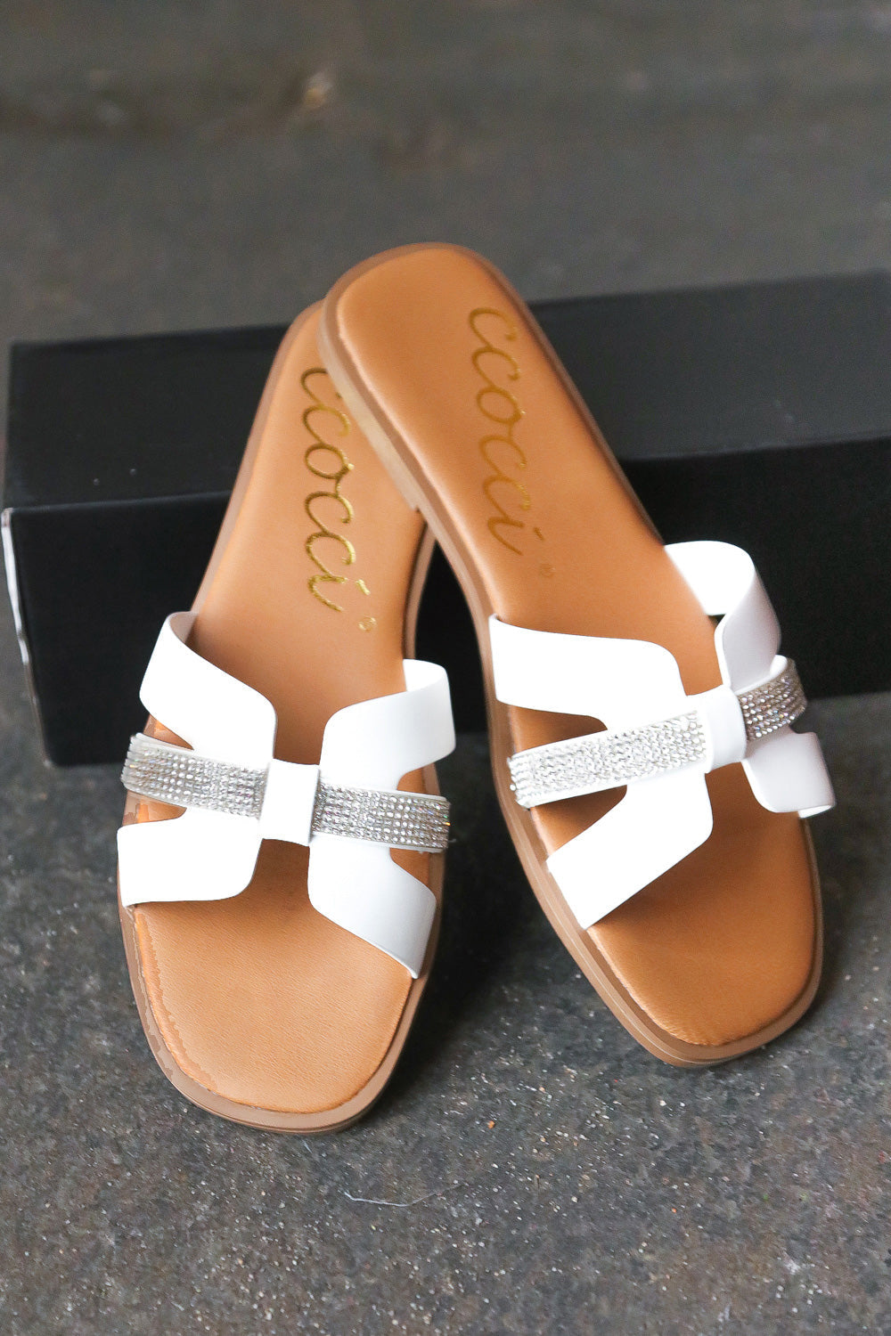 White Vegan Leather & Rhinestone Slide Sandals | Nikki & Co. Boutique