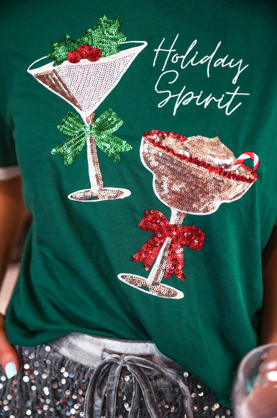 Holiday Spirit Sequin Embroidered Tee - Green (Pre-order) - Nikki &amp; Co. Boutique