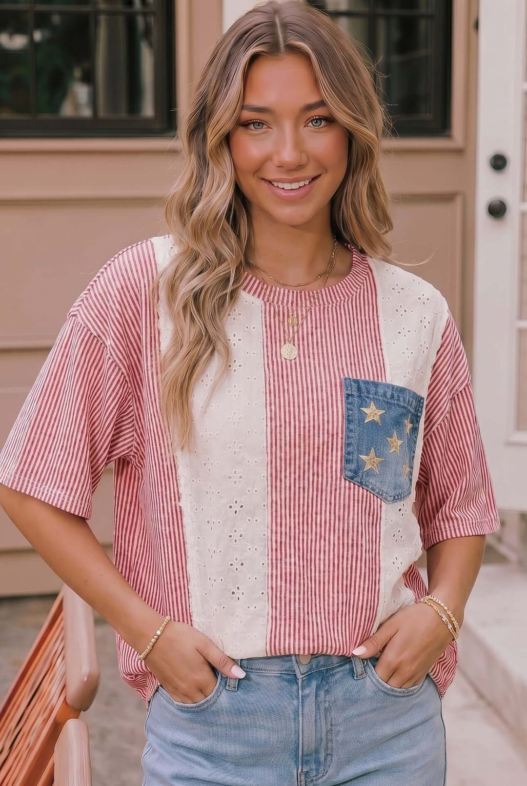 Stars and Stripes Eyelet Pocket Top - Nikki &amp; Co. Boutique