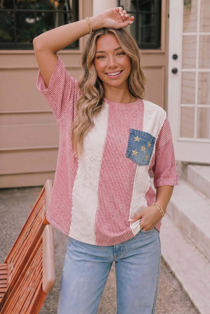 Stars and Stripes Eyelet Pocket Top - Nikki &amp; Co. Boutique