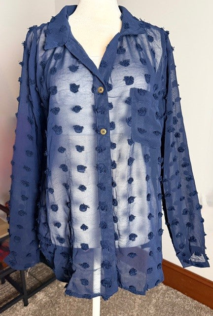 Sheer Collar Button Down Swiss Dot Top (NP) - 2 Colors