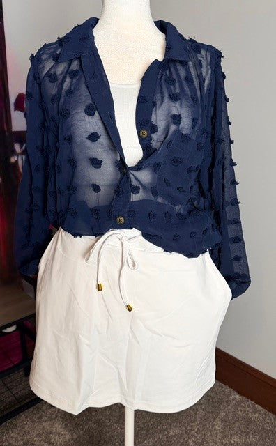 Sheer Collar Button Down Swiss Dot Top (NP) - 2 Colors