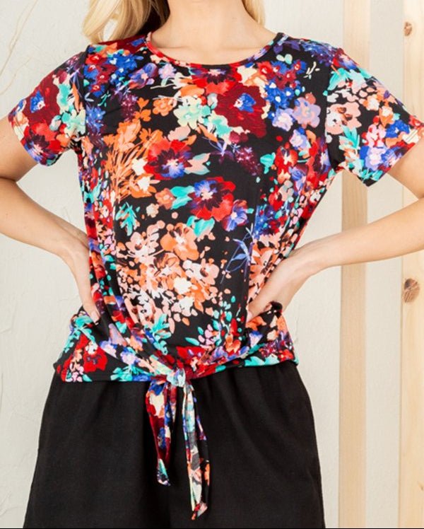 Black Multicolored Top with Front Knot Tie | (NP) - Nikki &amp; Co. Boutique