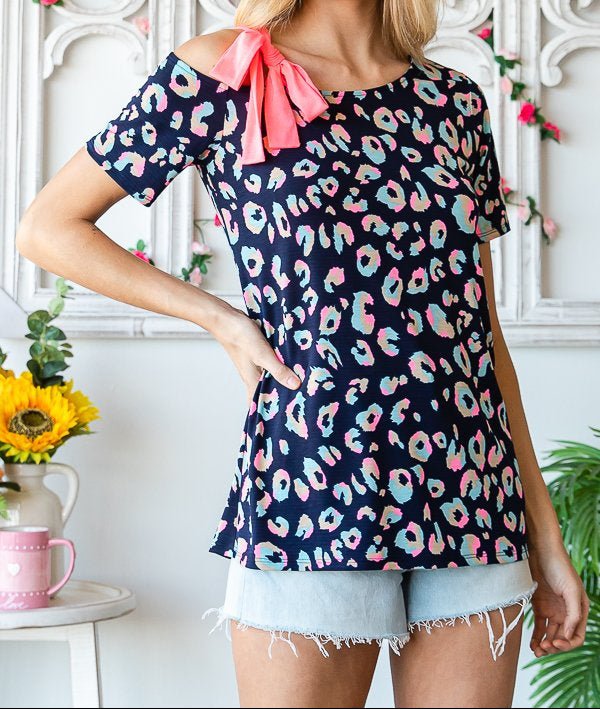 Navy top with Pink Bow Cold Shoulder | (NP) - Nikki &amp; Co. Boutique