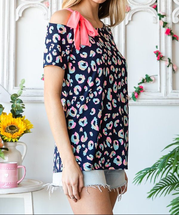 Navy top with Pink Bow Cold Shoulder | (NP) - Nikki &amp; Co. Boutique