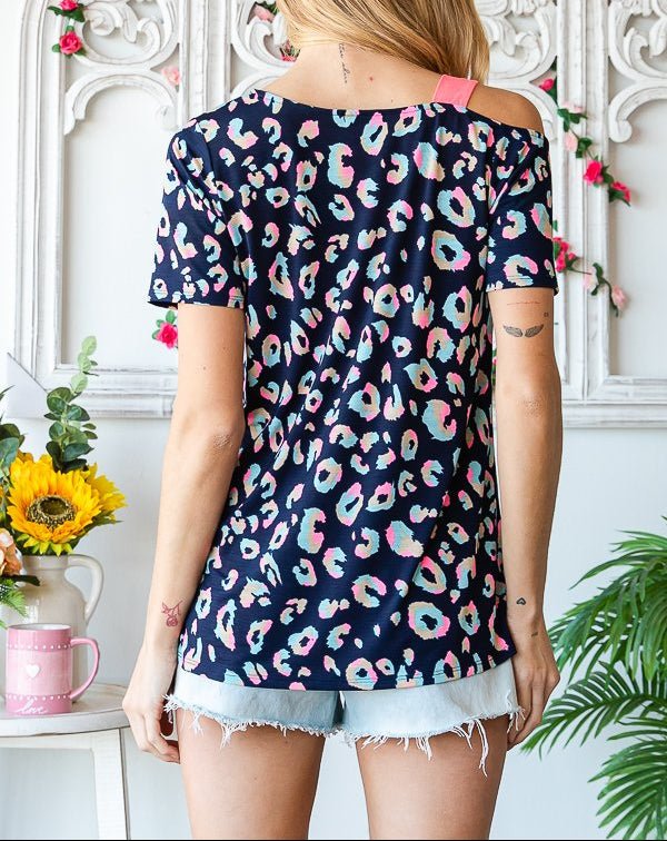 Navy top with Pink Bow Cold Shoulder | (NP) - Nikki &amp; Co. Boutique